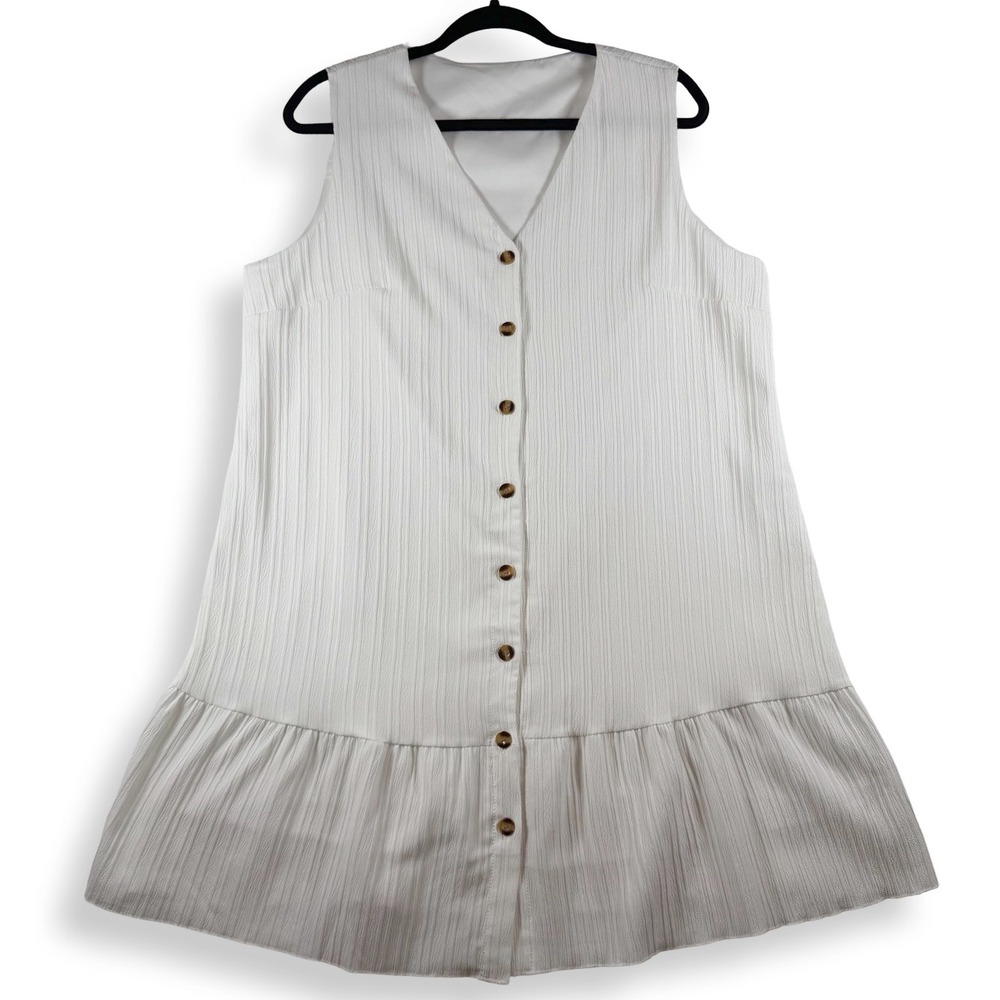 Womens XL White Textured Button Front Mini Dress Sleeveless Ruffle Hem V Neck